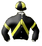 Notre casaque, noire chevron jaune, manches noires brassard jaune, toque noire écartelée jaune
