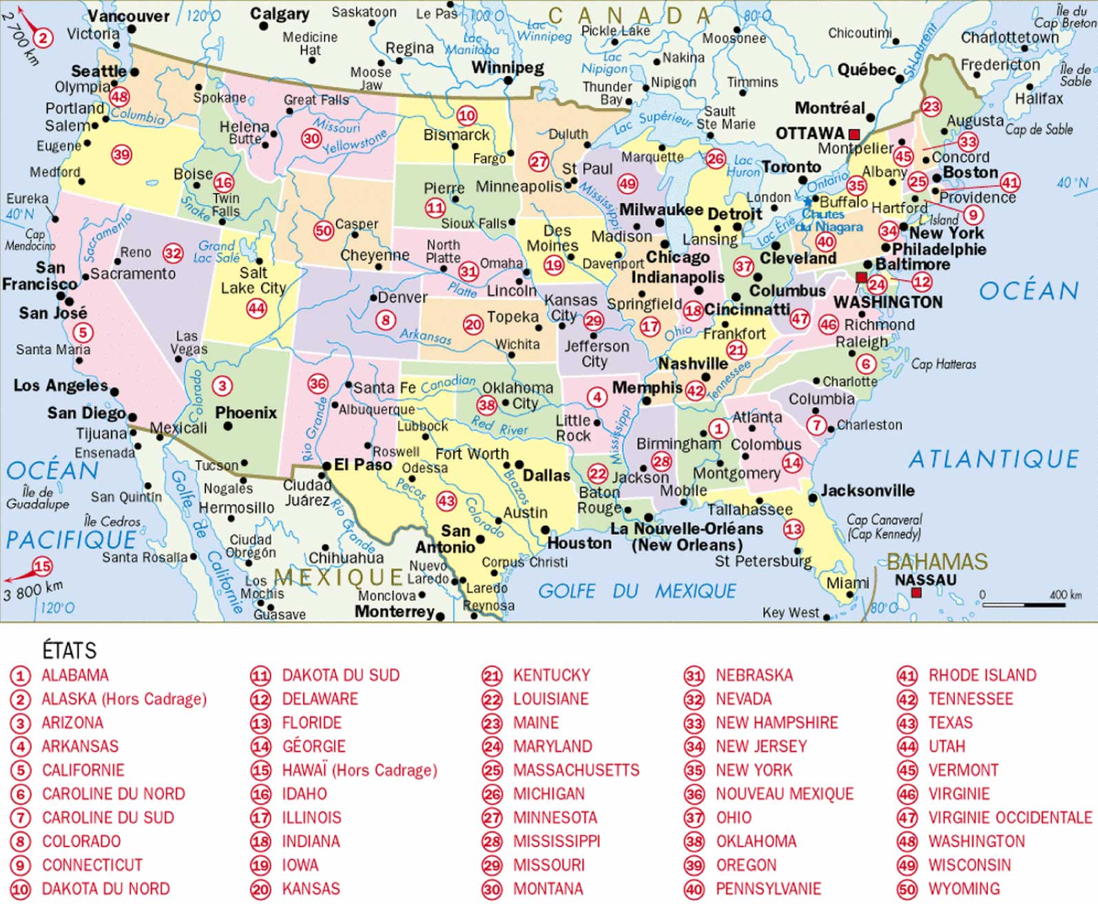 Carte des Etats-Unis, des USA.. United States map