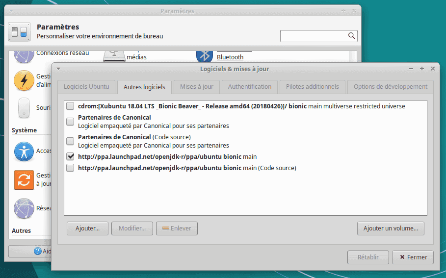 Vue de paramètres, logiciels & mises à jour dans Xubuntu 18.04