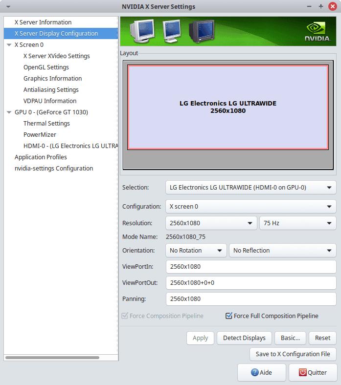 Nvidia X Server Settings, X Server Dsiplay Configuration
