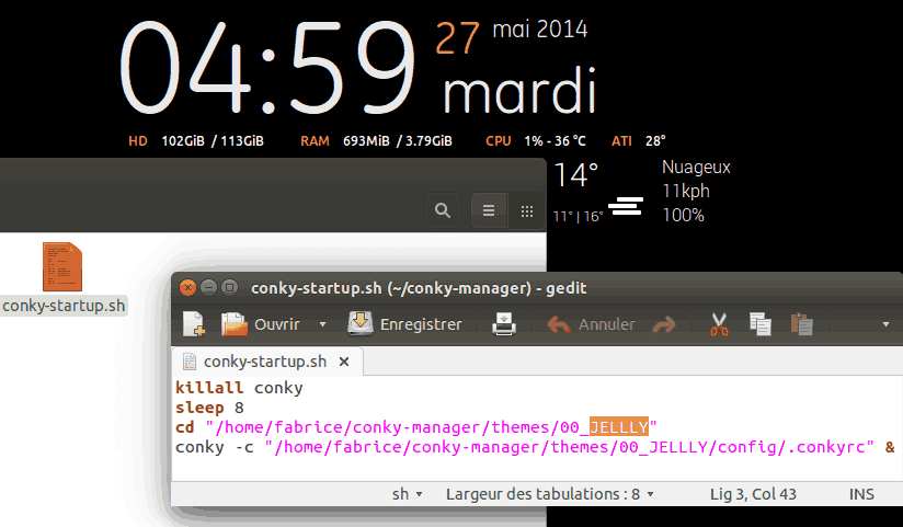 Image centrée du bureau Ubuntu avec conky en action