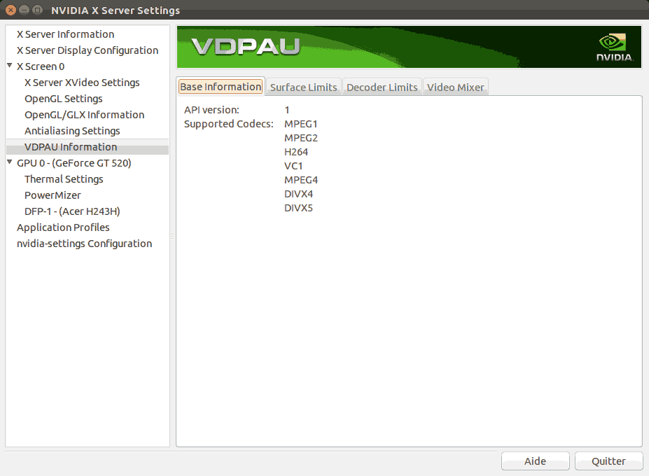 Nvidia X Server Settings, VDPAU Settings
