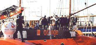 Le baptême d'Orange, catamaran de Bruno Peyron, ex Innovation explorer de Loïck Peyron pour the race.