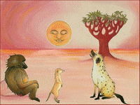  illustration d'un conte africain : la hyne et le babouin