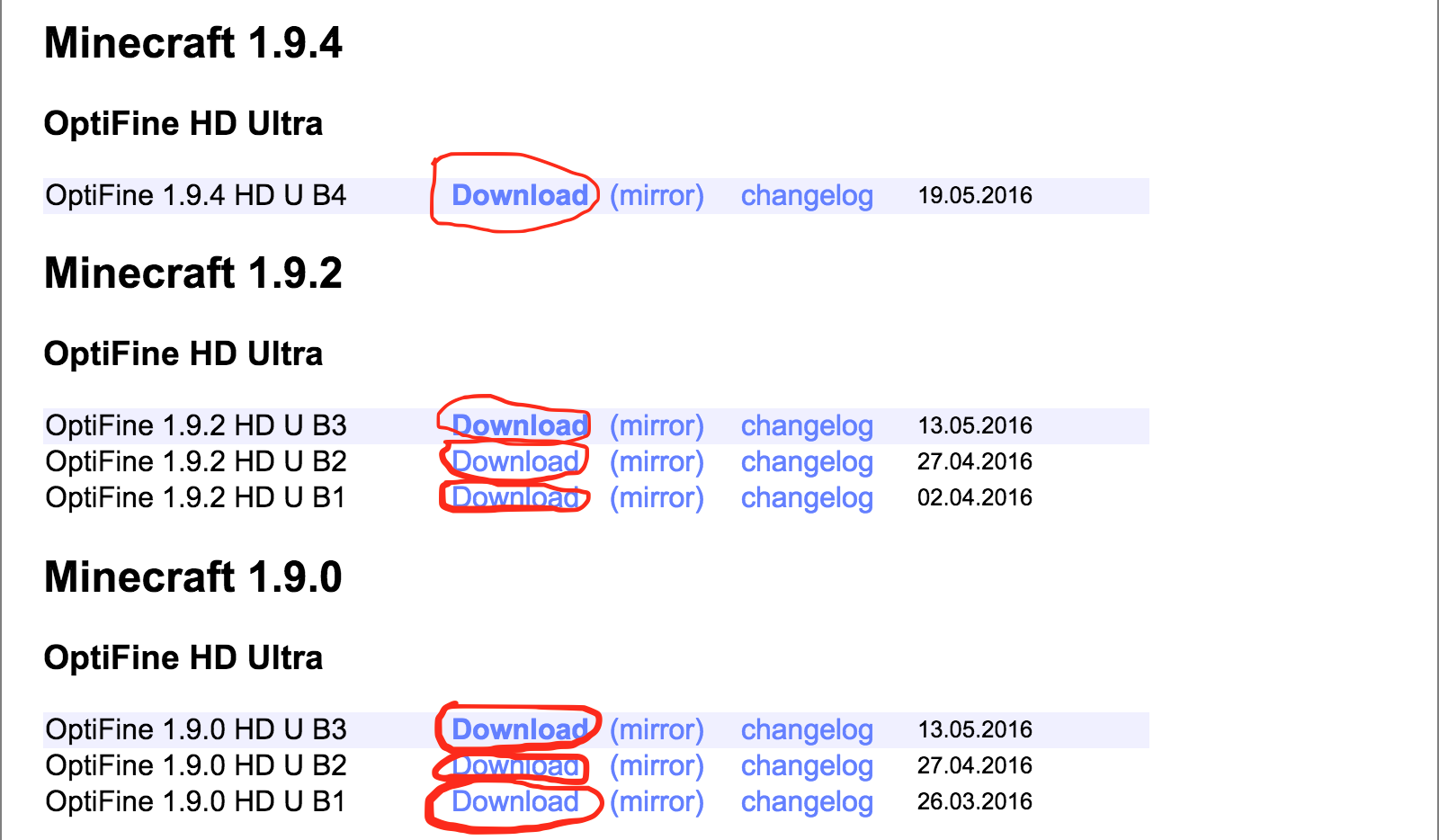 capture d'écran du site où l'on télécharge Optifine