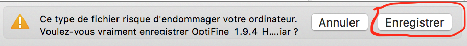 capture d'écran après qu'Optifine soit téléchatger. Demande si on est bien sur de vouloir le télécharger