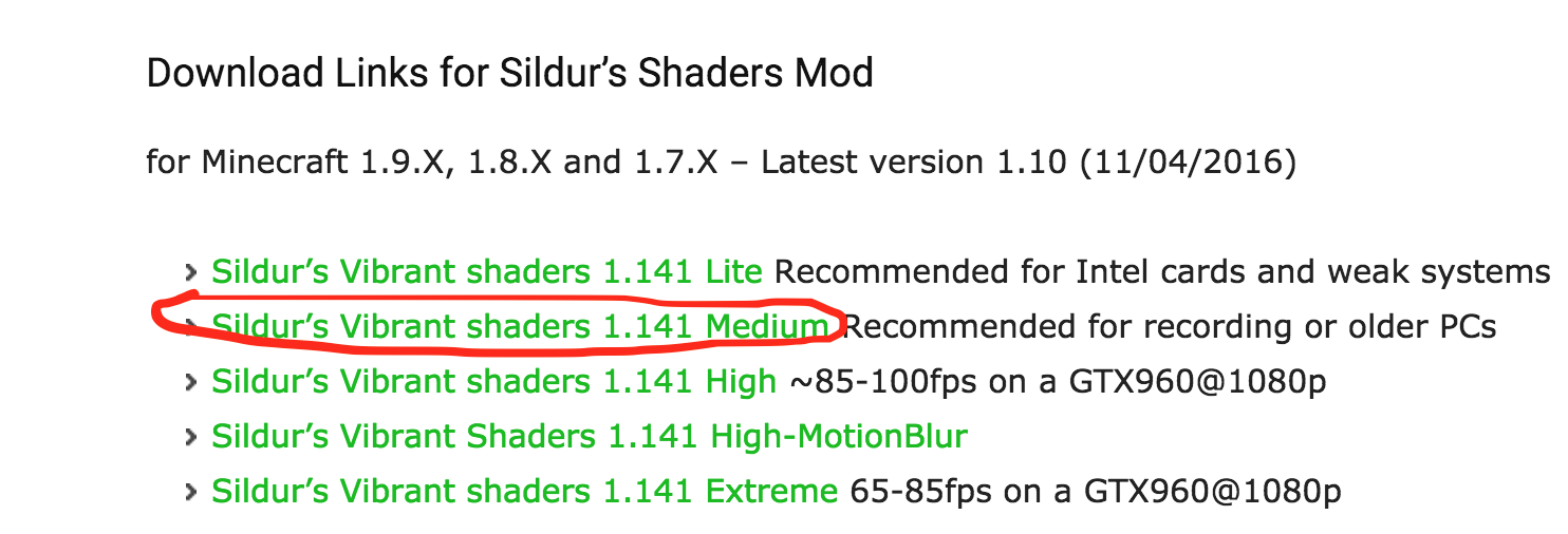 capture d'écran d'un des site où l'on peut télécharger le Sildur's shader