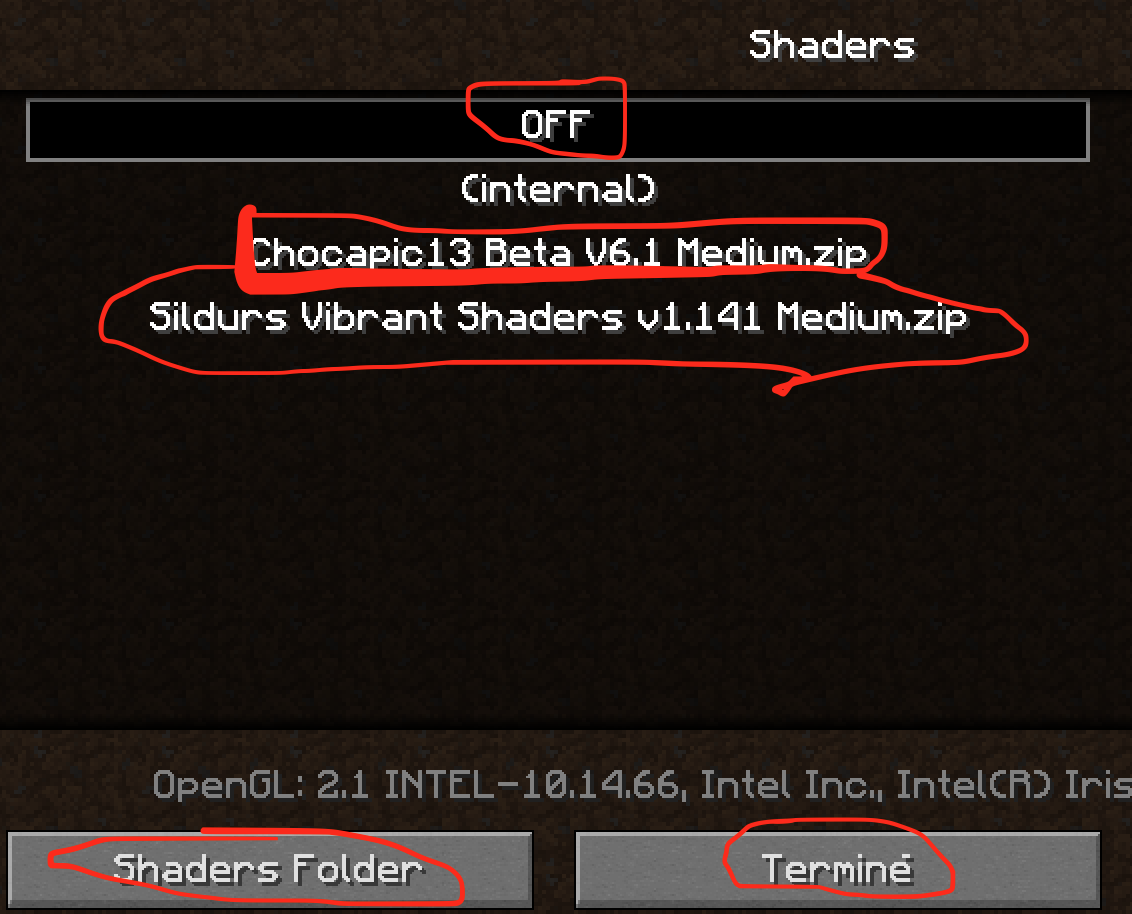 capture d'écran du menu minecraft où l'on peut mettre ou enlever un shader