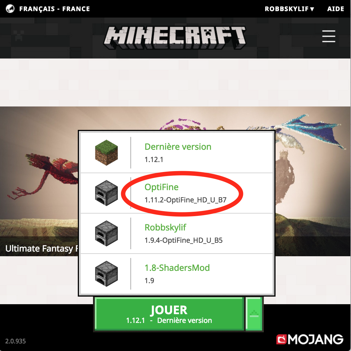 fenêtre minecraft qui apparaît lorsqu'on appuie sur edit profil