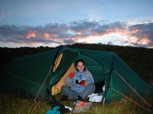 sunset behind tent on bwlch y groes