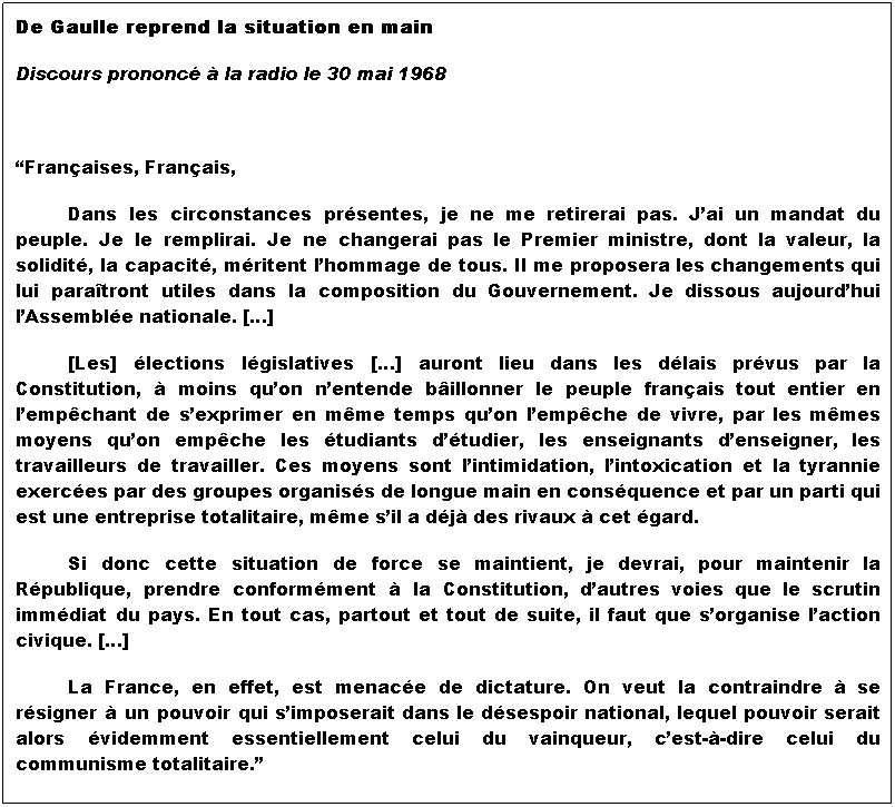 Zone de Texte: De Gaulle reprend la situation en main
Discours prononc  la radio le 30 mai 1968
 
Franaises, Franais,
Dans les circonstances prsentes, je ne me retirerai pas. Jai un mandat du peuple. Je le remplirai. Je ne changerai pas le Premier ministre, dont la valeur, la solidit, la capacit, mritent lhommage de tous. Il me proposera les changements qui lui paratront utiles dans la composition du Gouvernement. Je dissous aujourdhui lAssemble nationale. []
[Les] lections lgislatives [] auront lieu dans les dlais prvus par la Constitution,  moins quon nentende billonner le peuple franais tout entier en lempchant de sexprimer en mme temps quon lempche de vivre, par les mmes moyens quon empche les tudiants dtudier, les enseignants denseigner, les travailleurs de travailler. Ces moyens sont lintimidation, lintoxication et la tyrannie exerces par des groupes organiss de longue main en consquence et par un parti qui est une entreprise totalitaire, mme sil a dj des rivaux  cet gard.
Si donc cette situation de force se maintient, je devrai, pour maintenir la Rpublique, prendre conformment  la Constitution, dautres voies que le scrutin immdiat du pays. En tout cas, partout et tout de suite, il faut que sorganise laction civique. []
La France, en effet, est menace de dictature. On veut la contraindre  se rsigner  un pouvoir qui simposerait dans le dsespoir national, lequel pouvoir serait alors videmment essentiellement celui du vainqueur, cest--dire celui du communisme totalitaire.
