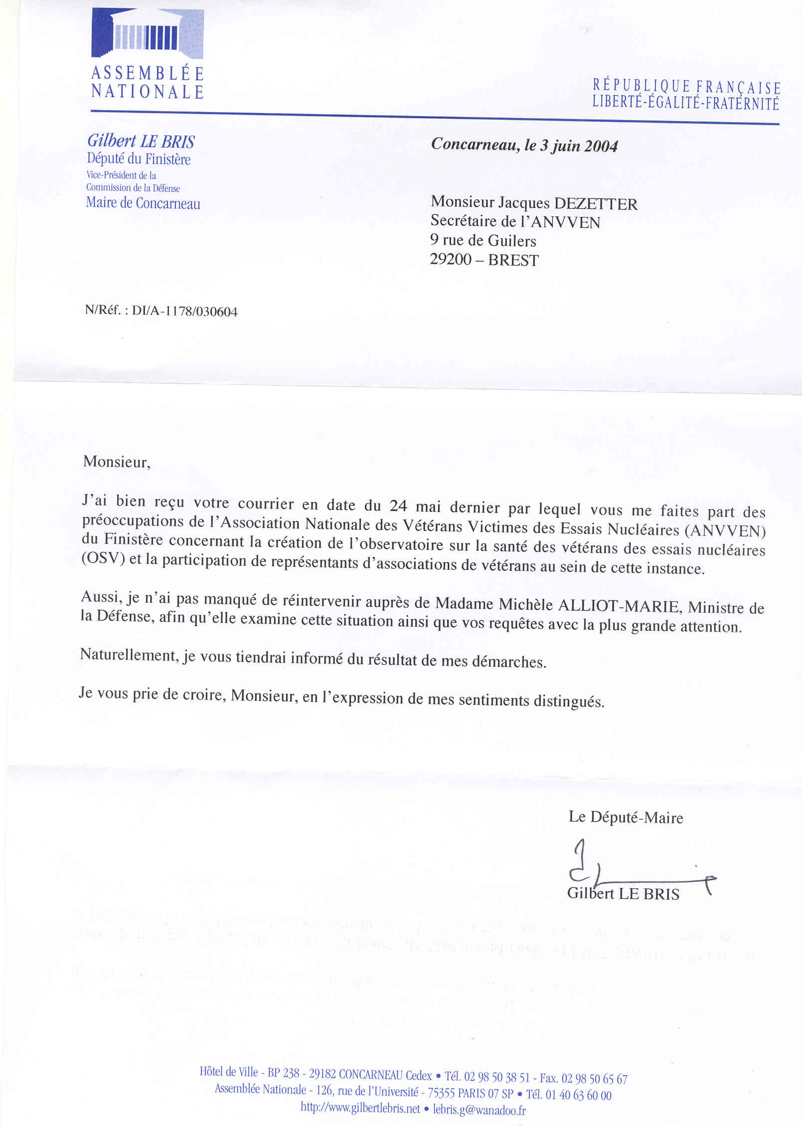 lettre du vice président commission défense nationale  gilbert Lebris 