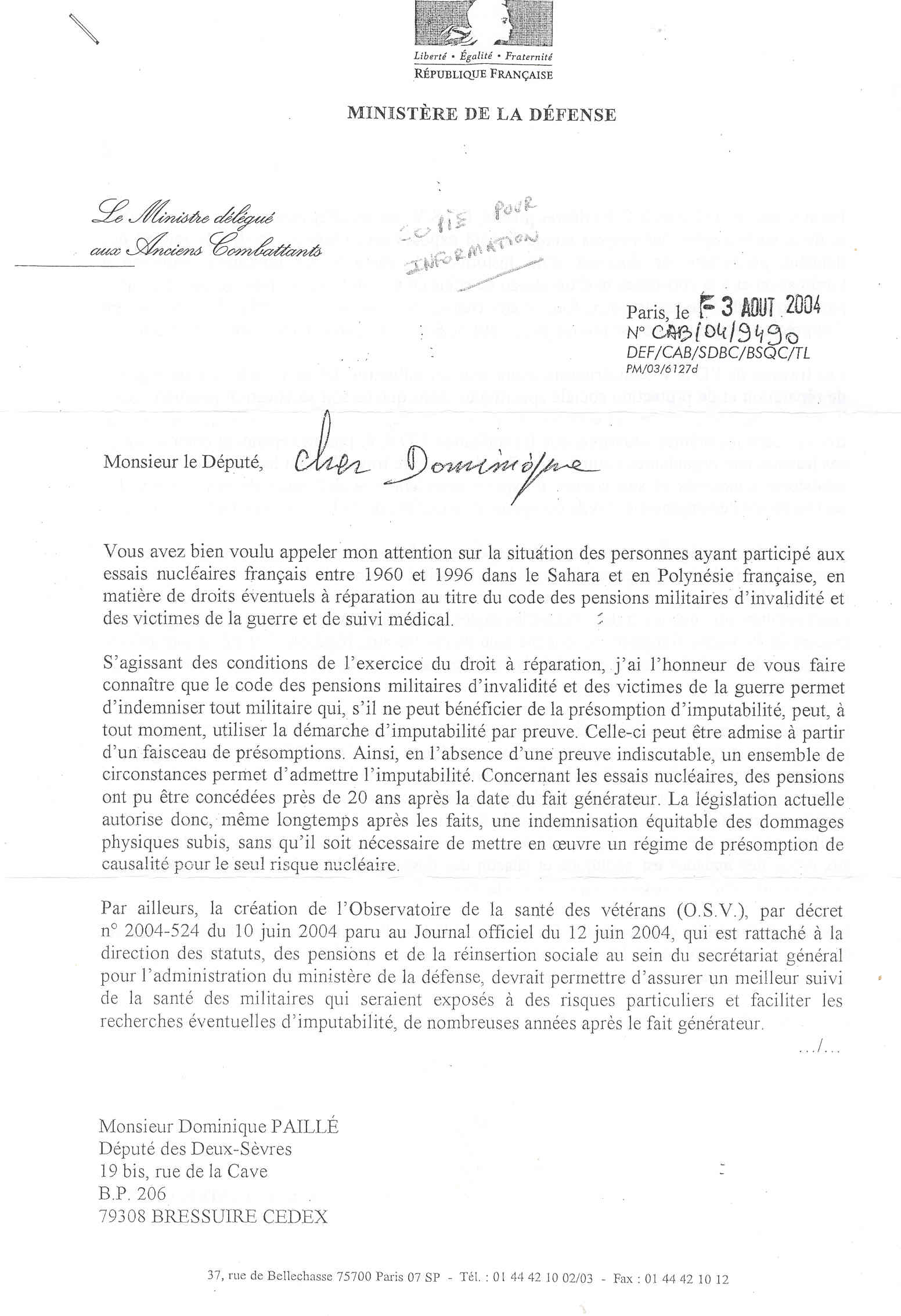 lettre du ministre des AC  aout 2004